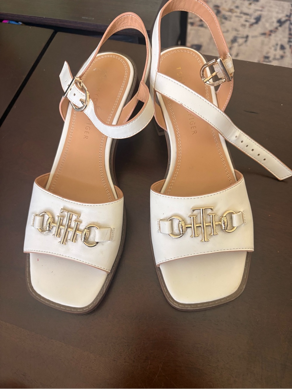 Tommy Hilfiger White Leather Gold-Accent Slide Sandals
